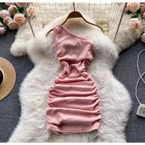 Ruched Bodycon Dress One Shoulder Sleeveless Mini Party‎ Clubwear small size